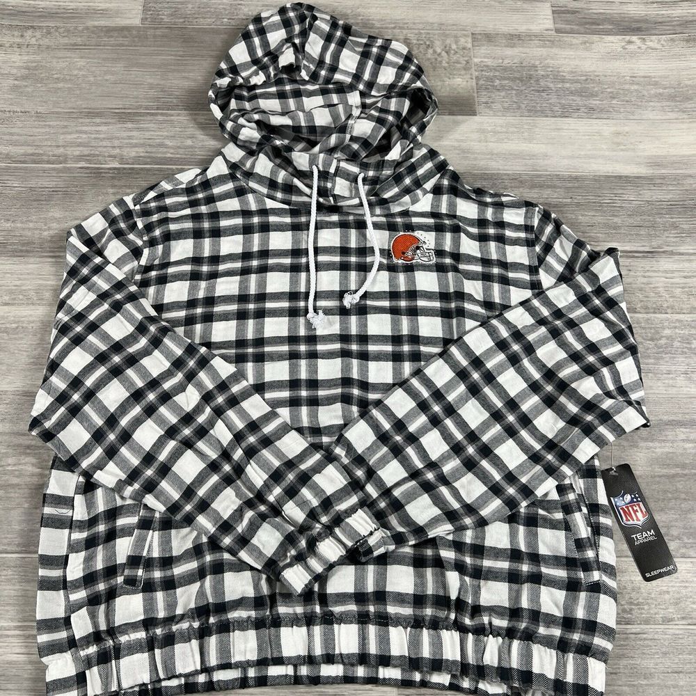 NFL Women's XL Black/White Cleveland Browns Sienna‎ Flannel Hoodie Sleepwear NEW